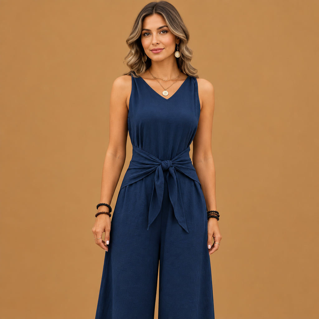 Trendy blue v-neck twist strap jumpsuit for women featuring a flattering silhouette and breathable material ideal for effortless summer styling and comfort