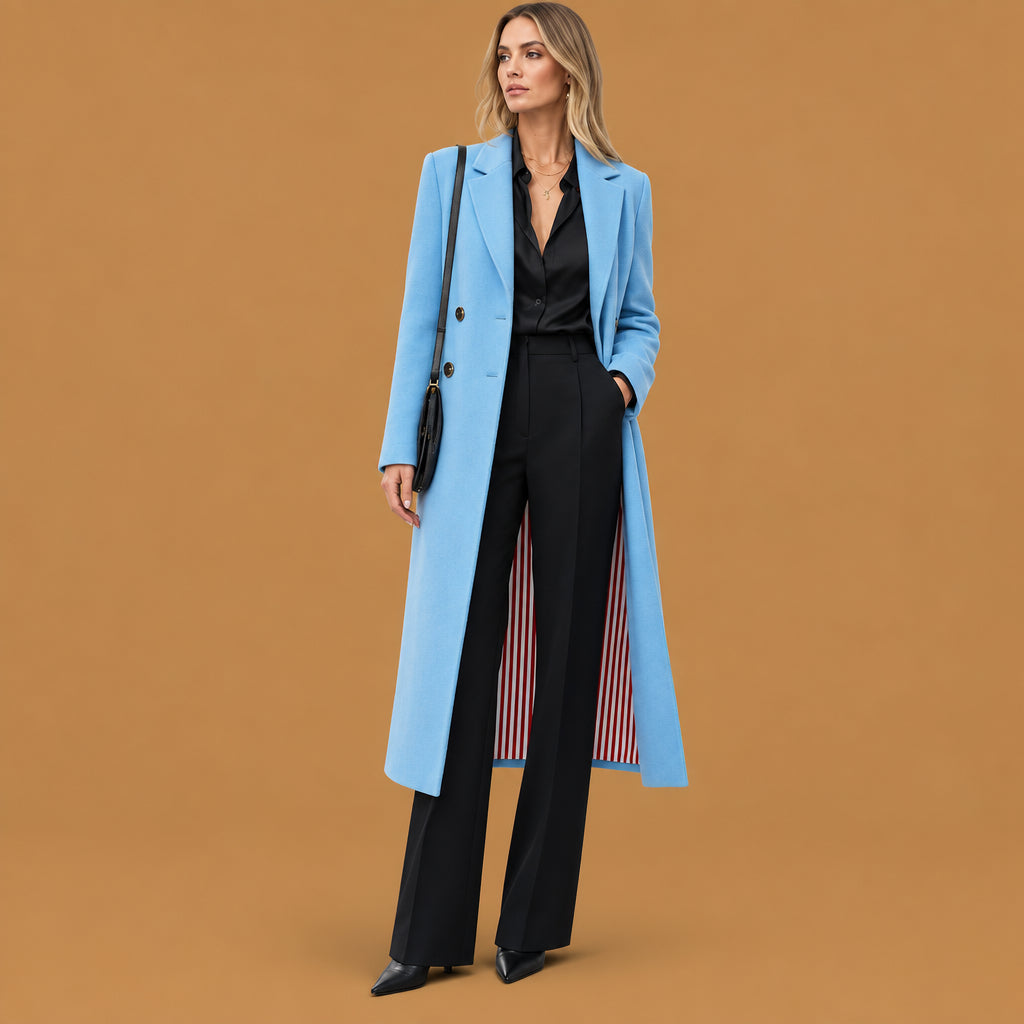 Trendy double breasted women winter wool outerwear coat featuring a classic silhouette and breathable material ideal for effortless seasonal styling and comfort