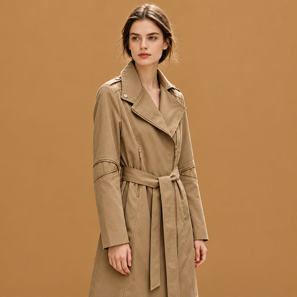 Stylish high-neck asymmetric zipper belted leather trench coat khaki showcasing a comfortable bold fit with premium durable faux leather and chic design details for modern urban wear