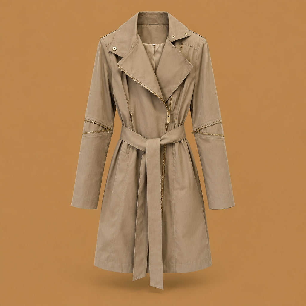 Casual wear high-neck asymmetric zipper belted leather trench coat khaki equipped with reinforced stitching seams and a flattering fit that complements various body shapes