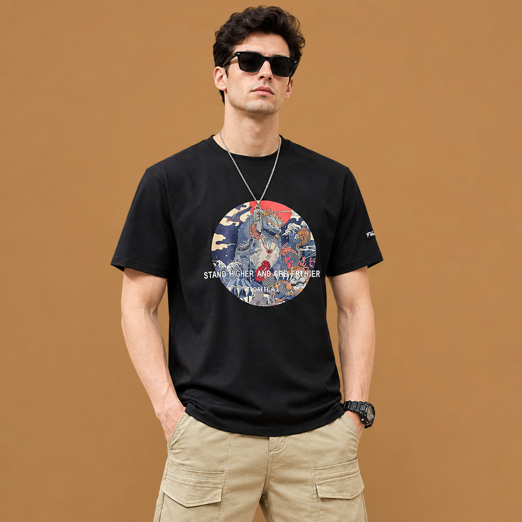 Elegant large size print casual t-shirt built with skin-friendly fabric, featuring classic collar aesthetics and smooth texture throughout
