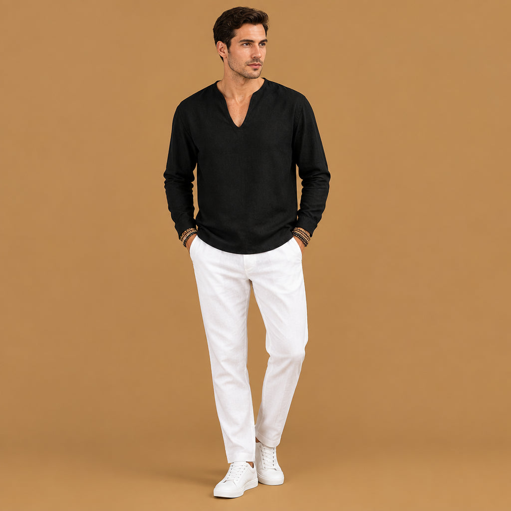 Modern mens v-neck plus-size long-sleeve t-shirt designed for active urban lifestyles, offering maximum flexibility and lightweight daily warmth