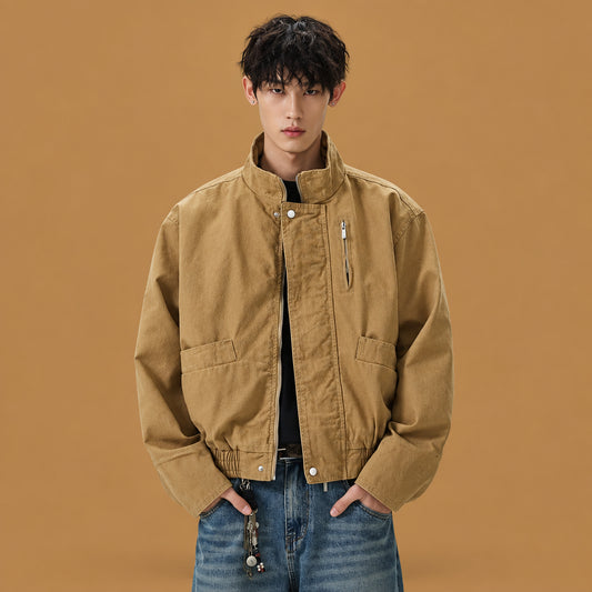 Trendy retro stand-up collar short cotton bomber coat featuring a classic silhouette and breathable material ideal for effortless seasonal styling and comfort