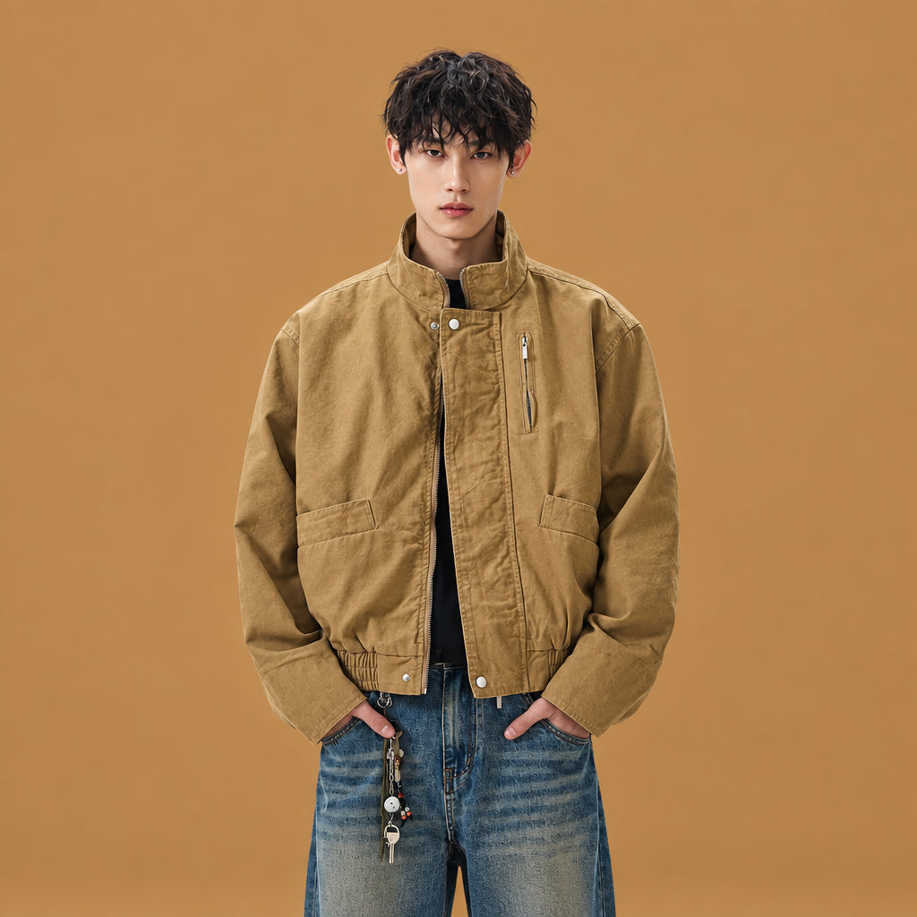 Modern retro stand-up collar short cotton bomber coat designed for active lifestyle events, offering maximum flexibility and lightweight daily warmth