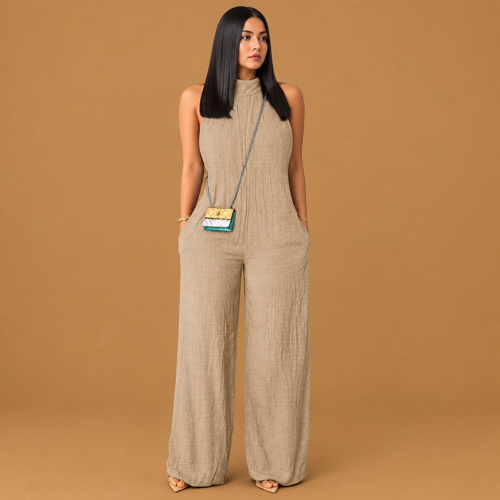 Trendy sleeveless halter ruffled young womens cami jumpsuit featuring a flattering silhouette and breathable material ideal for effortless summer styling and comfort