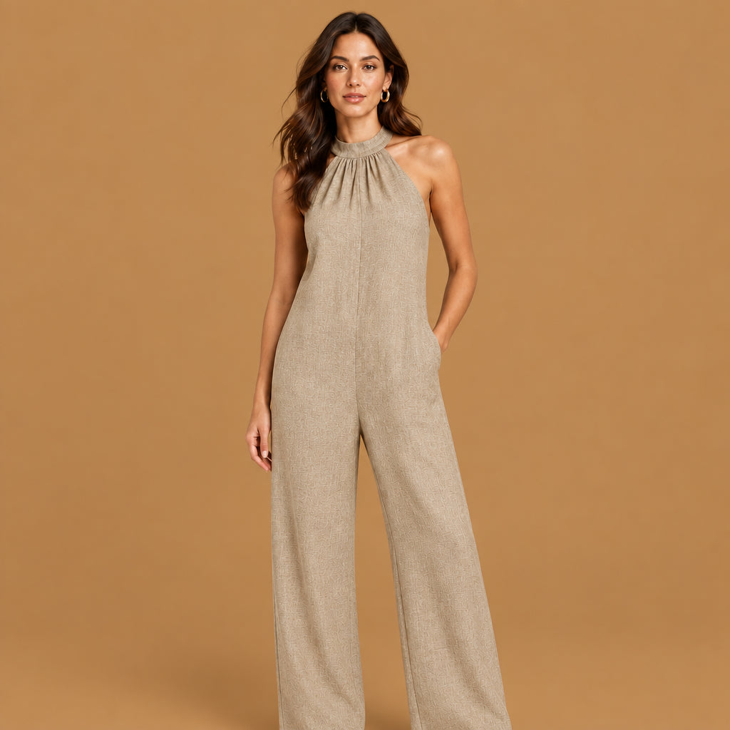 Comfortable sleeveless halter ruffled young womens cami jumpsuit highlighting fine ruffle detailing, durable construction, and an attractive look for outdoor outings