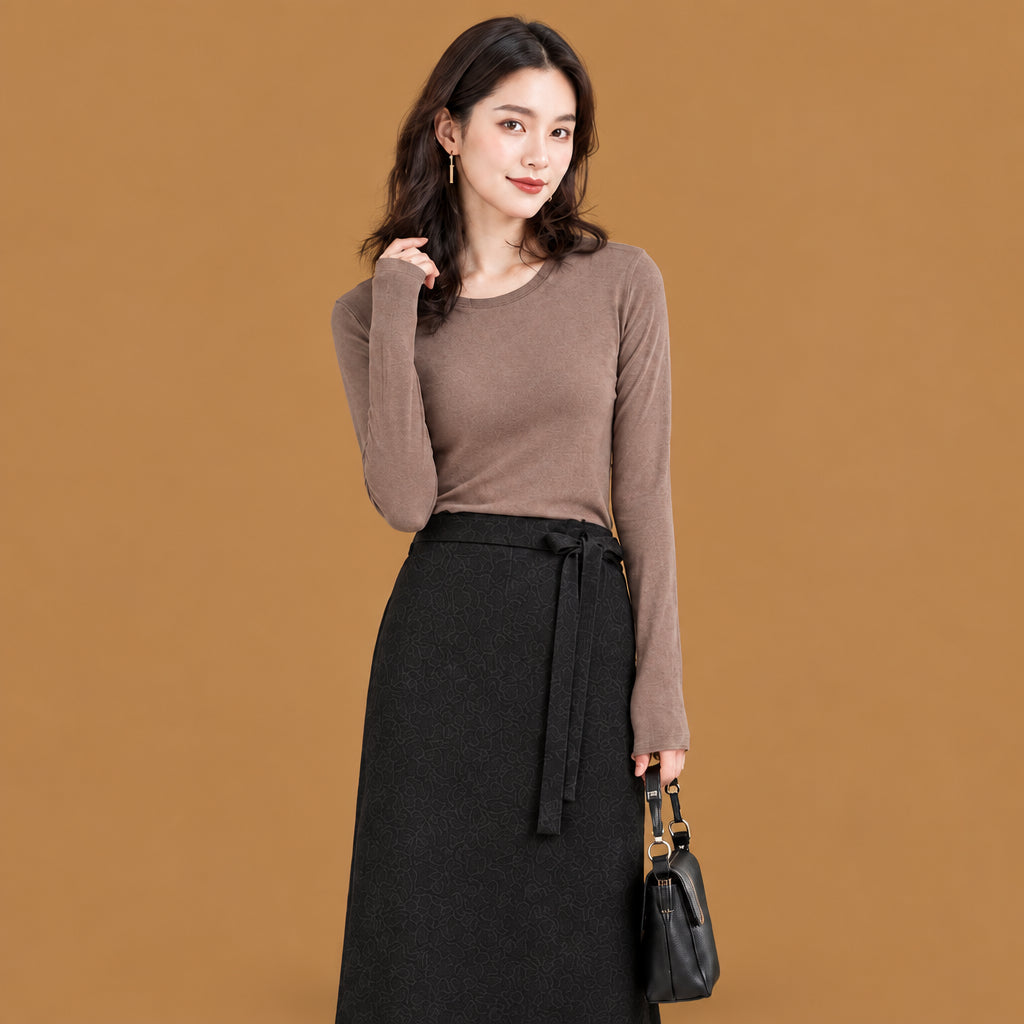 Women's basic solid color crew neck slim fitted long-sleeve t-shirt made from soft and comfortable viscose fabric for everyday wear and layering