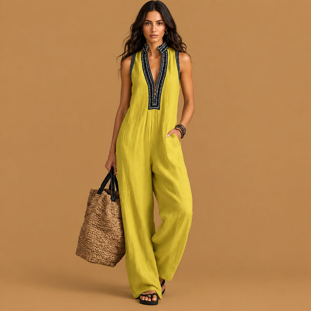 Chic womens simple sleeveless full length jumpsuit acting as a versatile wardrobe staple with a smooth finish and effortless casual elegance