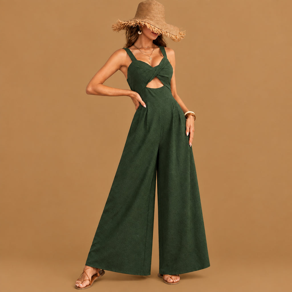 Trendy womens solid color loose overall beach jumpsuit army green featuring an airy silhouette and breathable material ideal for effortless summer styling and comfort