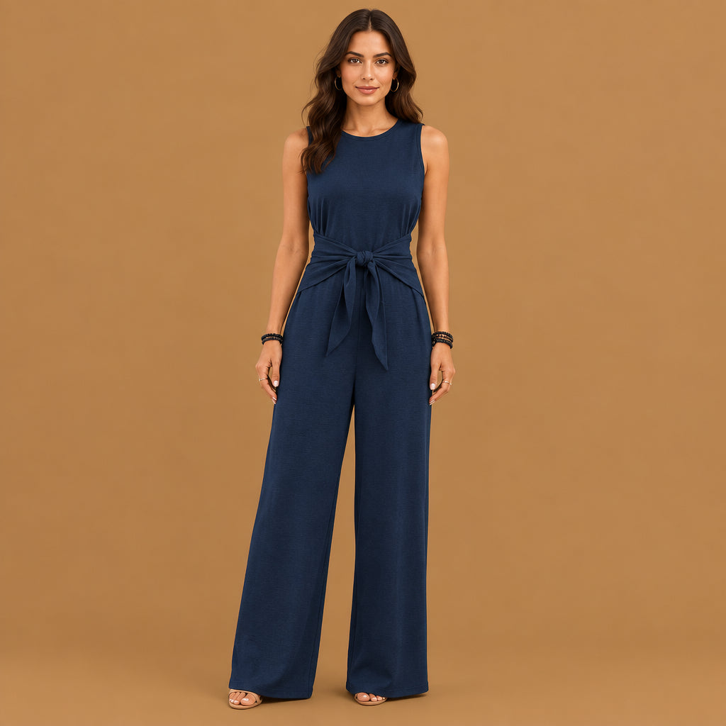 Stylish blue v-neck twist strap jumpsuit for women showcasing a comfortable elegant fit with premium soft fabric and chic design details for modern daily wear