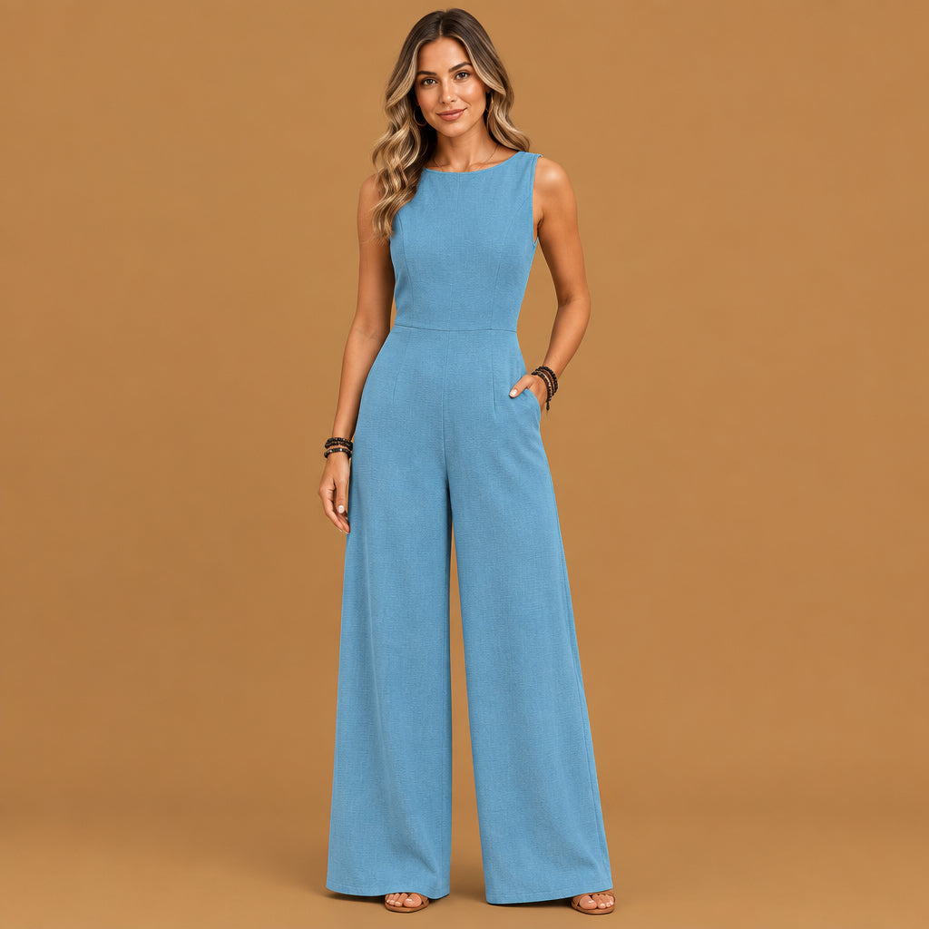 Comfortable blue v-neck twist strap jumpsuit for women highlighting fine twist strap detailing, durable construction, and an attractive look for outdoor outings