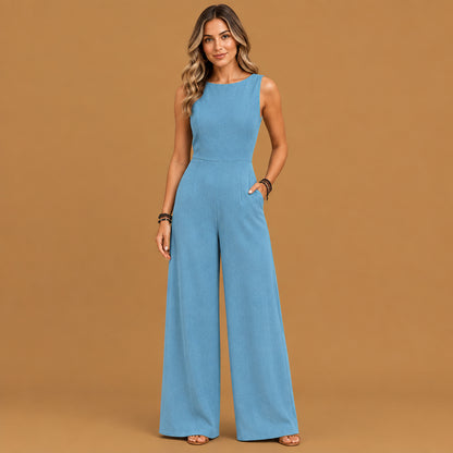 Comfortable blue v-neck twist strap jumpsuit for women highlighting fine twist strap detailing, durable construction, and an attractive look for outdoor outings