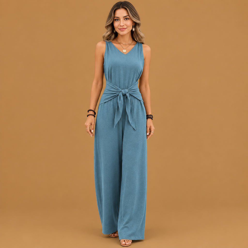 Modern blue v-neck twist strap jumpsuit for women designed for active lifestyle events, offering maximum flexibility and lightweight daily wear