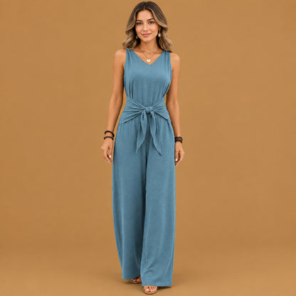 Modern blue v-neck twist strap jumpsuit for women designed for active lifestyle events, offering maximum flexibility and lightweight daily wear