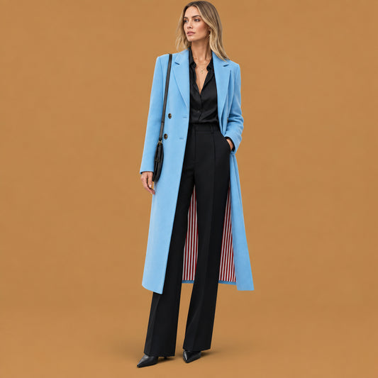 Trendy double breasted women winter wool outerwear coat featuring a classic silhouette and breathable material ideal for effortless seasonal styling and comfort