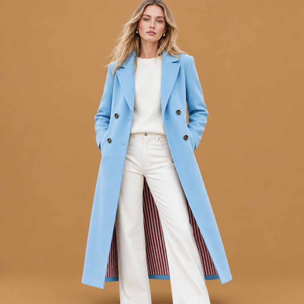 Comfortable double breasted women winter wool outerwear coat highlighting fine button detailing, rugged construction, and an attractive look for outdoor outings
