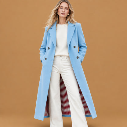 Comfortable double breasted women winter wool outerwear coat highlighting fine button detailing, rugged construction, and an attractive look for outdoor outings
