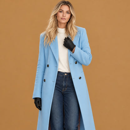 Elegant double breasted women winter wool outerwear coat built with skin-friendly fabric, featuring classic lapel collar aesthetics and smooth texture throughout