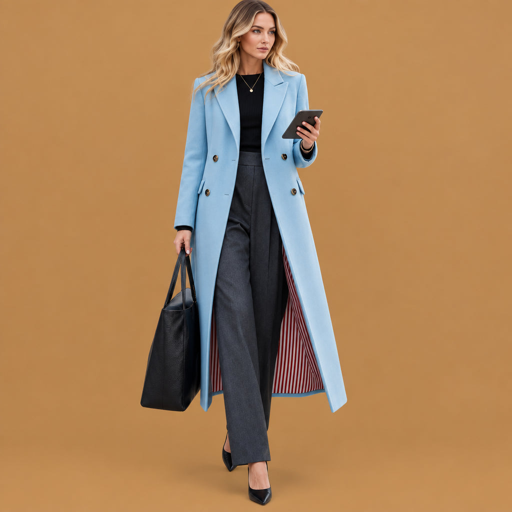 Modern double breasted women winter wool outerwear coat designed for active lifestyle events, offering maximum flexibility and lightweight daily warmth