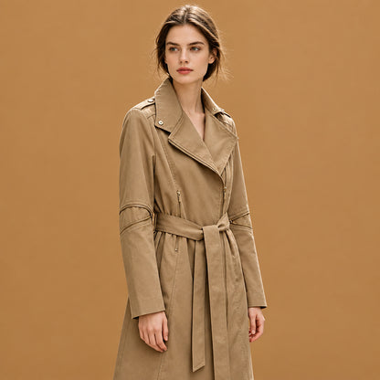 Stylish high-neck asymmetric zipper belted leather trench coat khaki showcasing a comfortable bold fit with premium durable faux leather and chic design details for modern urban wear