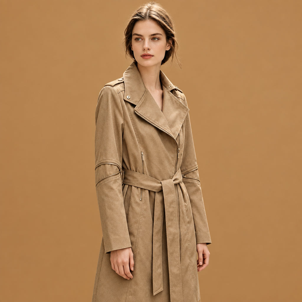 Trendy high-neck asymmetric zipper belted leather trench coat khaki featuring a classic belted silhouette and breathable inner lining ideal for effortless seasonal styling and comfort
