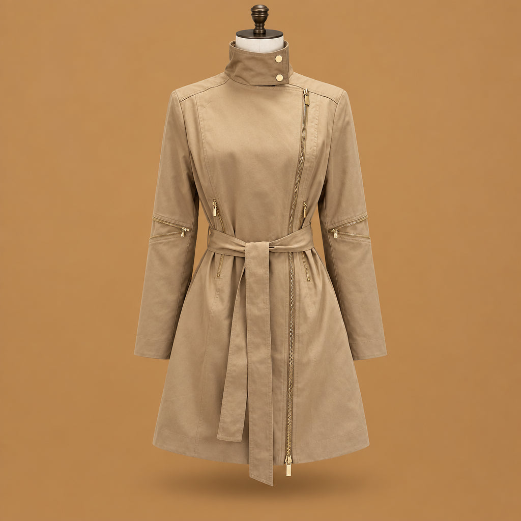 Comfortable high-neck asymmetric zipper belted leather trench coat khaki highlighting fine zipper detailing, rugged construction, and an attractive look for outdoor outings