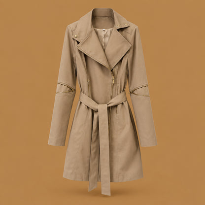 Elegant high-neck asymmetric zipper belted leather trench coat khaki built with skin-friendly fabric, featuring classic high neckline aesthetics and smooth texture throughout