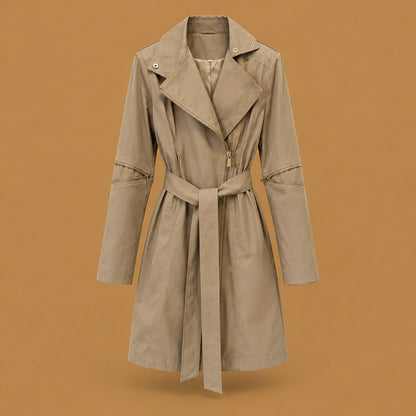Casual wear high-neck asymmetric zipper belted leather trench coat khaki equipped with reinforced stitching seams and a flattering fit that complements various body shapes