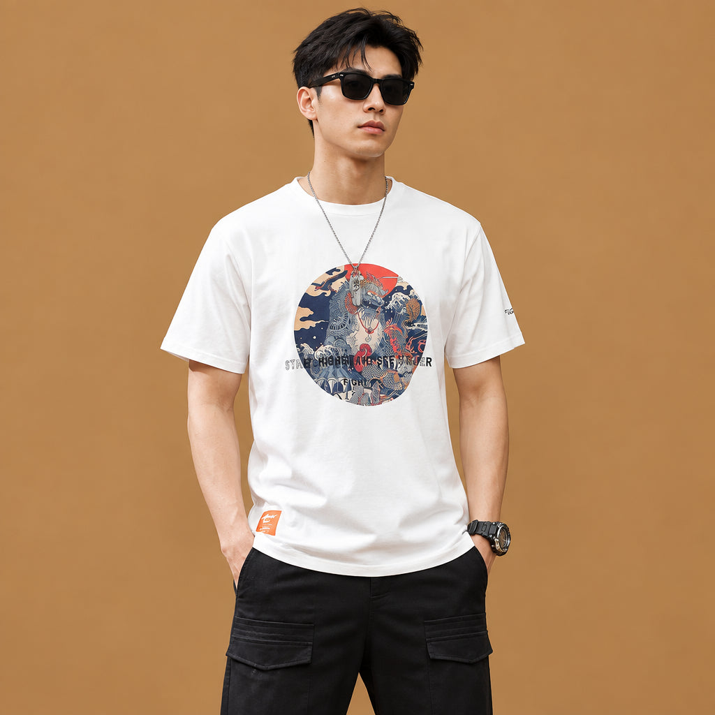 Stylish large size print casual t-shirt showcasing a comfortable relaxed fit with premium soft fabric and bold design details for modern daily wear