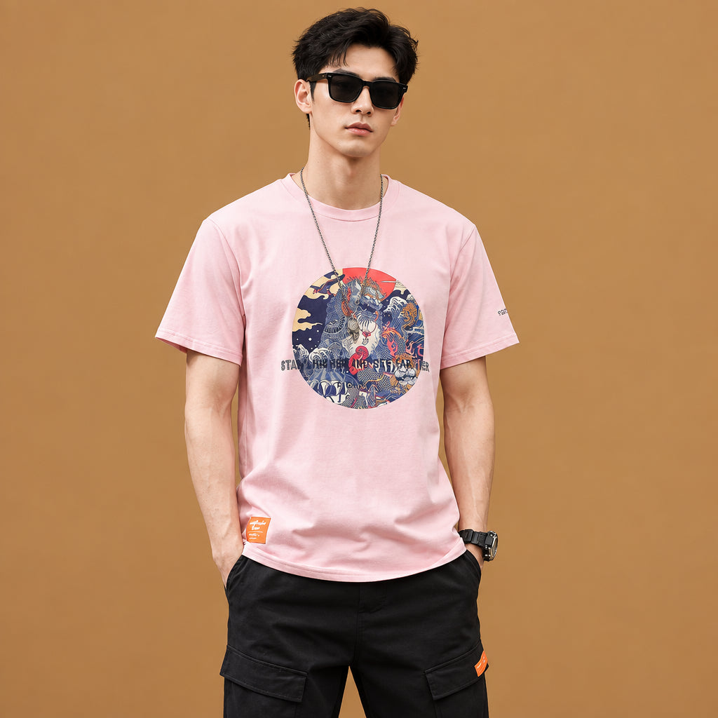 Comfortable large size print casual t-shirt highlighting fine print detailing, durable construction, and an attractive look for outdoor outings