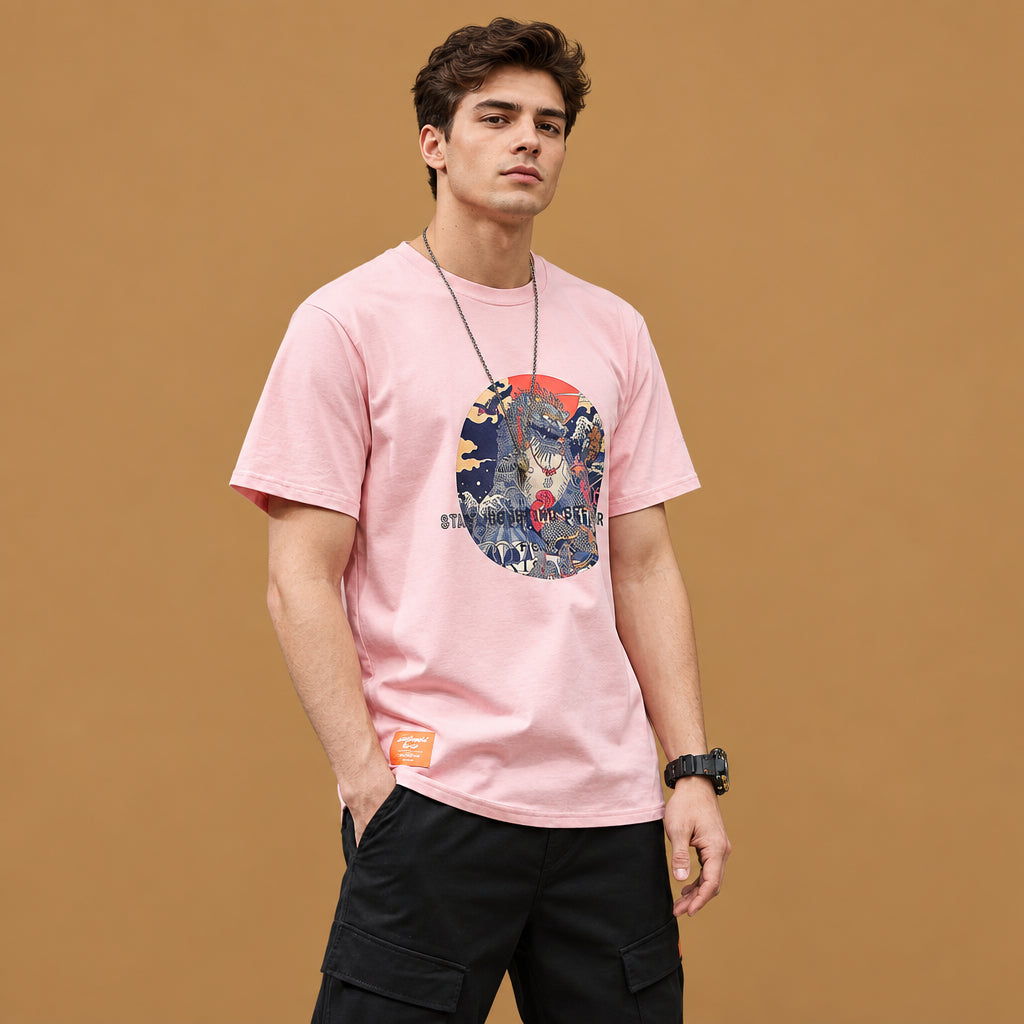 Modern large size print casual t-shirt designed for active urban lifestyles, offering maximum flexibility and lightweight daily wear