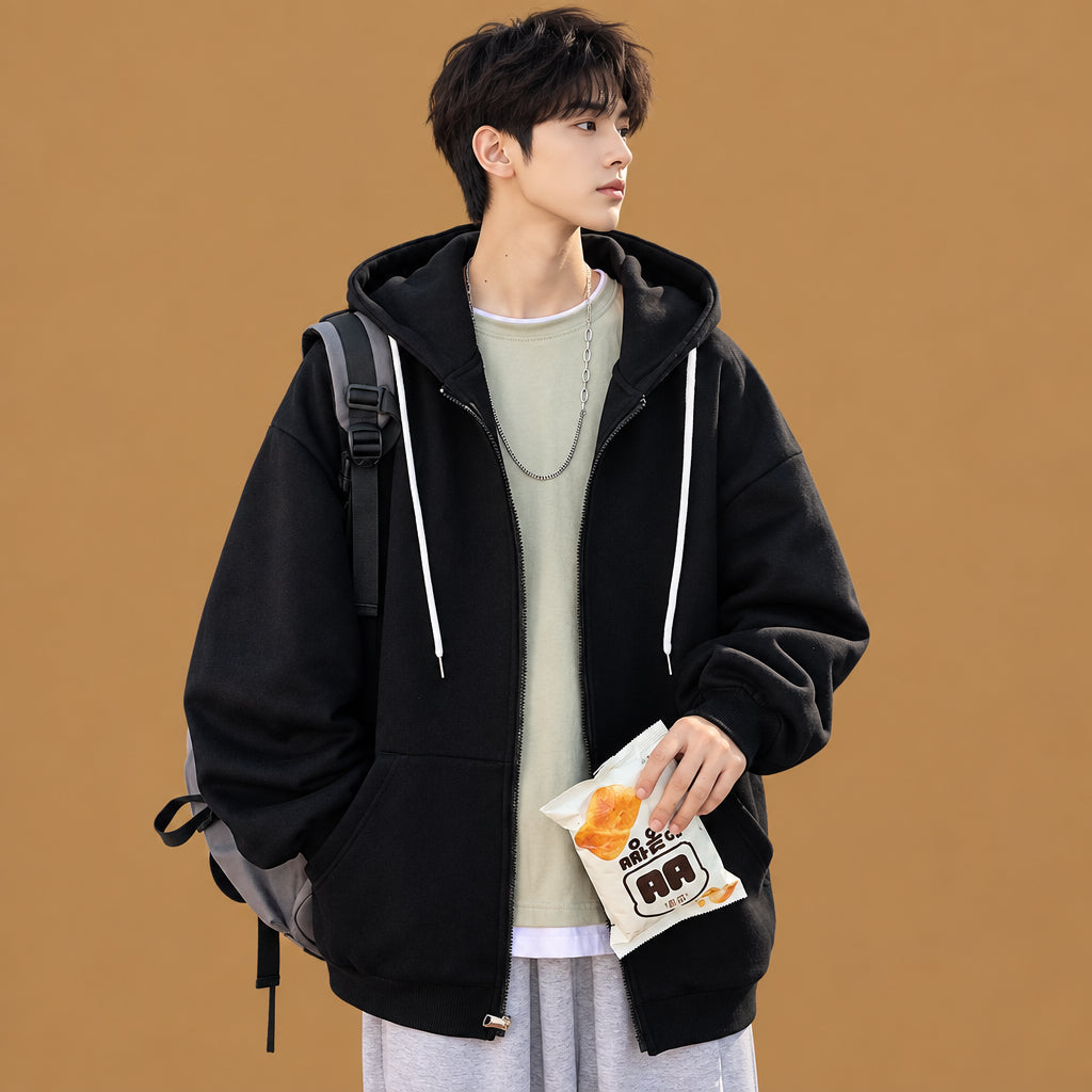 Elegant mens casual hooded zipper pocket coat built with skin-friendly fabric, featuring classic hood aesthetics and smooth texture throughout