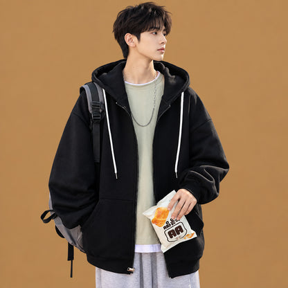 Elegant mens casual hooded zipper pocket coat built with skin-friendly fabric, featuring classic hood aesthetics and smooth texture throughout