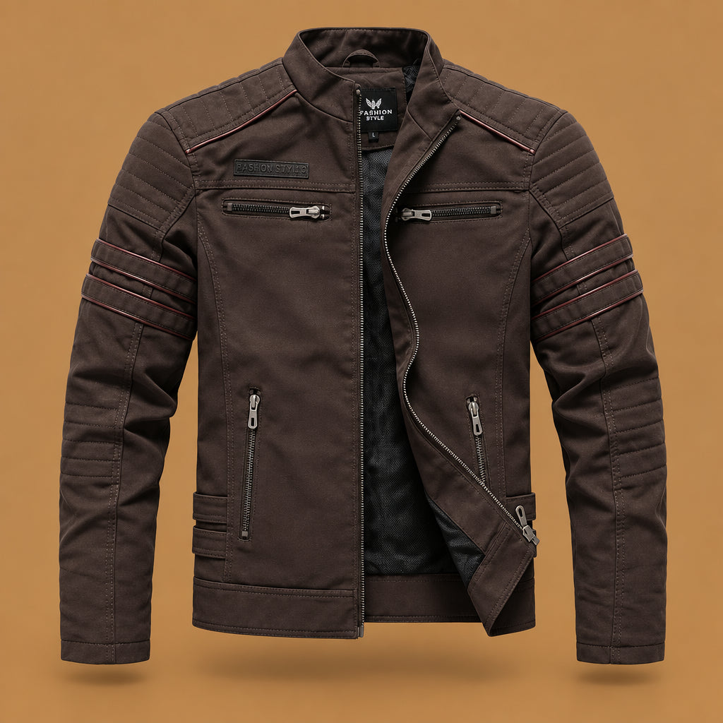 Comfortable mens fashion pu leather jacket coat highlighting fine zipper detailing, rugged construction, and an attractive look for outdoor outings