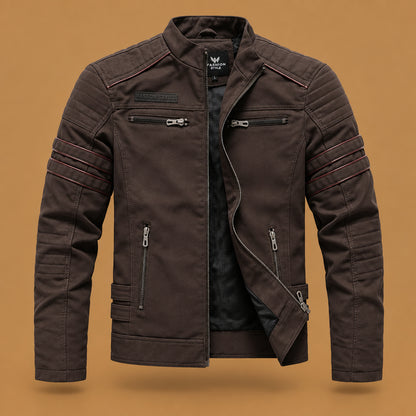 Comfortable mens fashion pu leather jacket coat highlighting fine zipper detailing, rugged construction, and an attractive look for outdoor outings