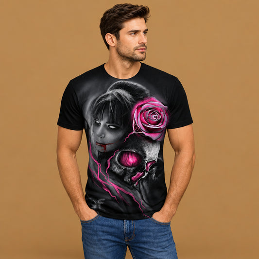 Stylish mens horror skull print digital graphic short sleeve t-shirt showcasing a comfortable regular fit with premium soft fabric and bold design details for modern daily wear