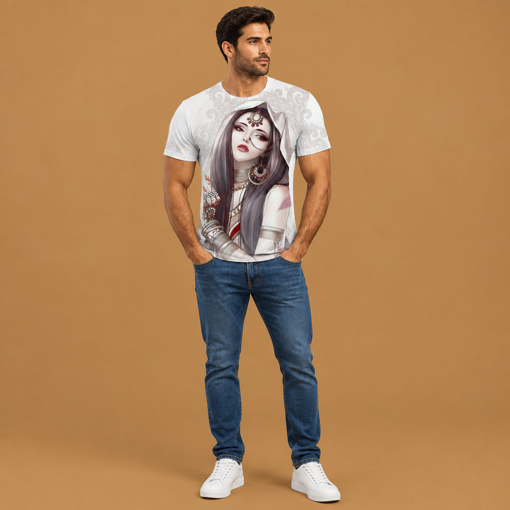 Elegant mens horror skull print digital graphic short sleeve t-shirt built with skin-friendly fabric, featuring classic neckline aesthetics and smooth texture throughout