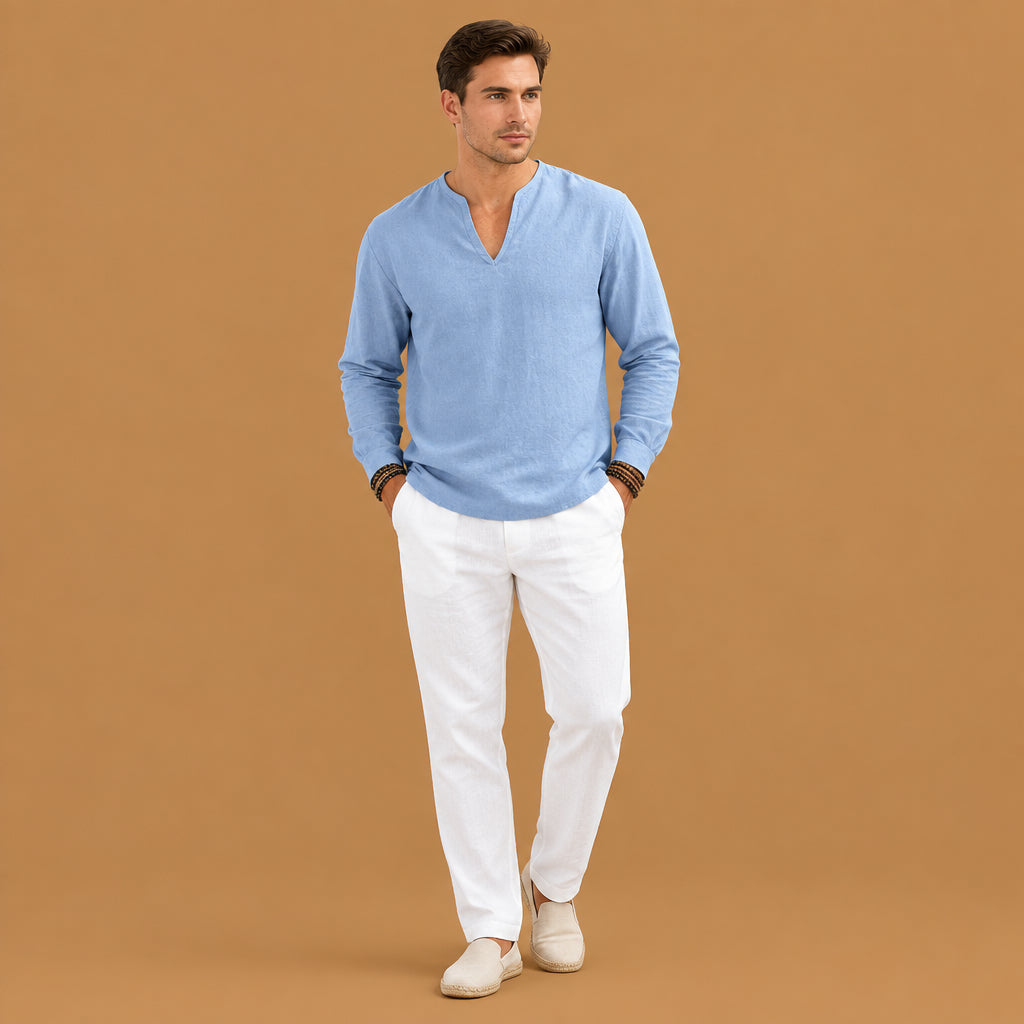 Stylish mens v-neck plus-size long-sleeve t-shirt showcasing a comfortable relaxed fit with premium soft fabric and elegant design details for modern daily wear
