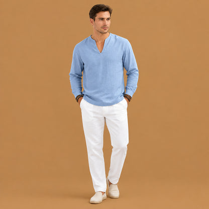 Stylish mens v-neck plus-size long-sleeve t-shirt showcasing a comfortable relaxed fit with premium soft fabric and elegant design details for modern daily wear