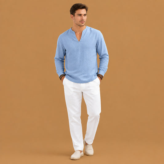 Stylish mens v-neck plus-size long-sleeve t-shirt showcasing a comfortable relaxed fit with premium soft fabric and elegant design details for modern daily wear