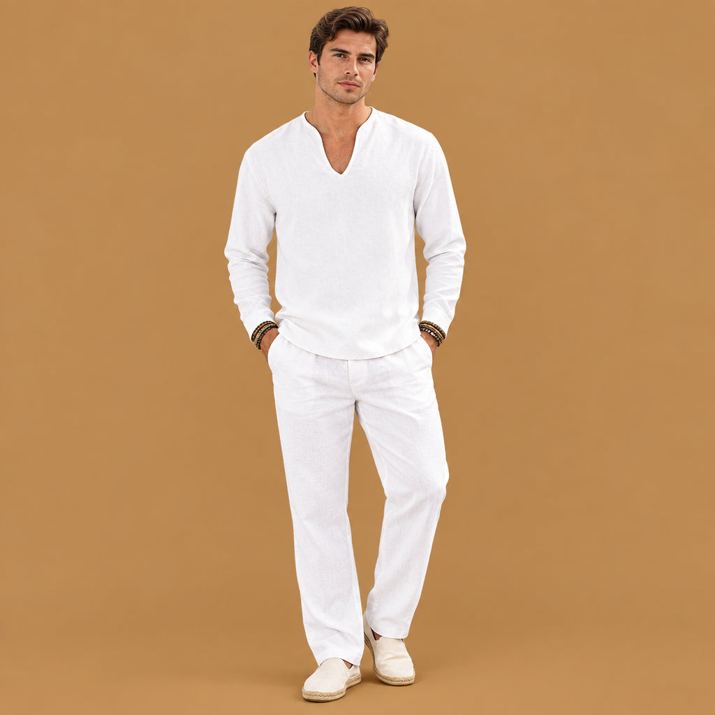 Designer mens v-neck plus-size long-sleeve t-shirt featuring unique accent cuts and a soft interior lining for superior coziness