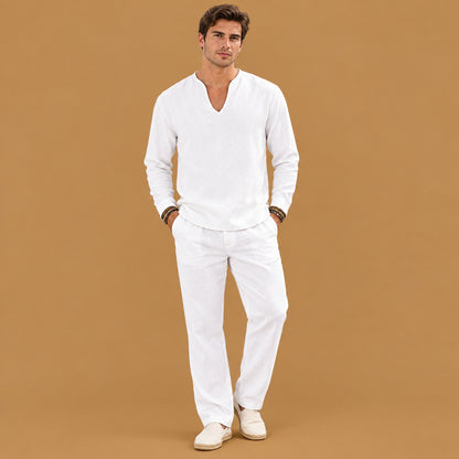 Designer mens v-neck plus-size long-sleeve t-shirt featuring unique accent cuts and a soft interior lining for superior coziness