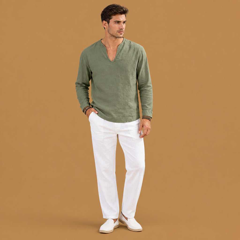 Comfortable mens v-neck plus-size long-sleeve t-shirt highlighting fine neckline tailoring, durable construction, and an attractive look for casual outings