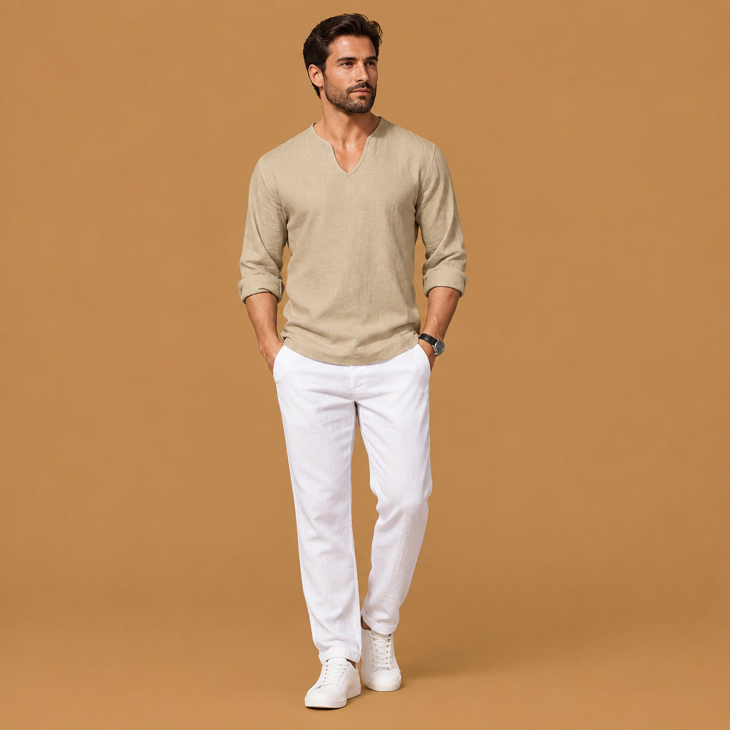 Elegant mens v-neck plus-size long-sleeve t-shirt built with skin-friendly fabric, featuring classic collar aesthetics and smooth texture throughout