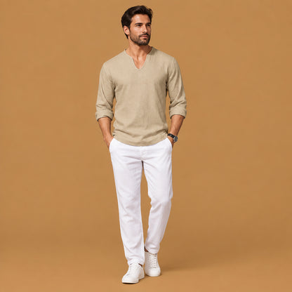 Elegant mens v-neck plus-size long-sleeve t-shirt built with skin-friendly fabric, featuring classic collar aesthetics and smooth texture throughout