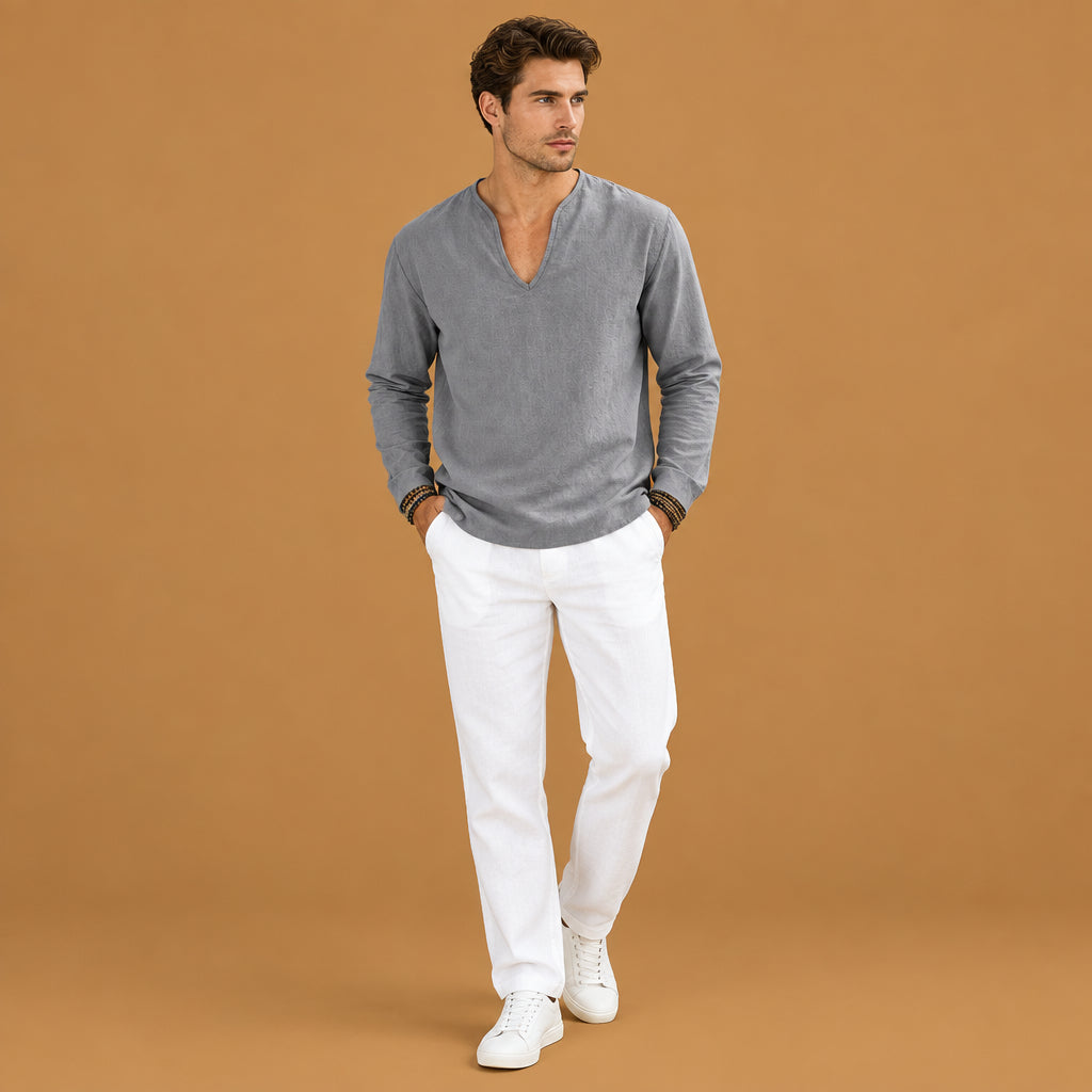 Casual wear mens v-neck plus-size long-sleeve t-shirt equipped with reinforced stitching seams and a flattering fit that complements various body shapes