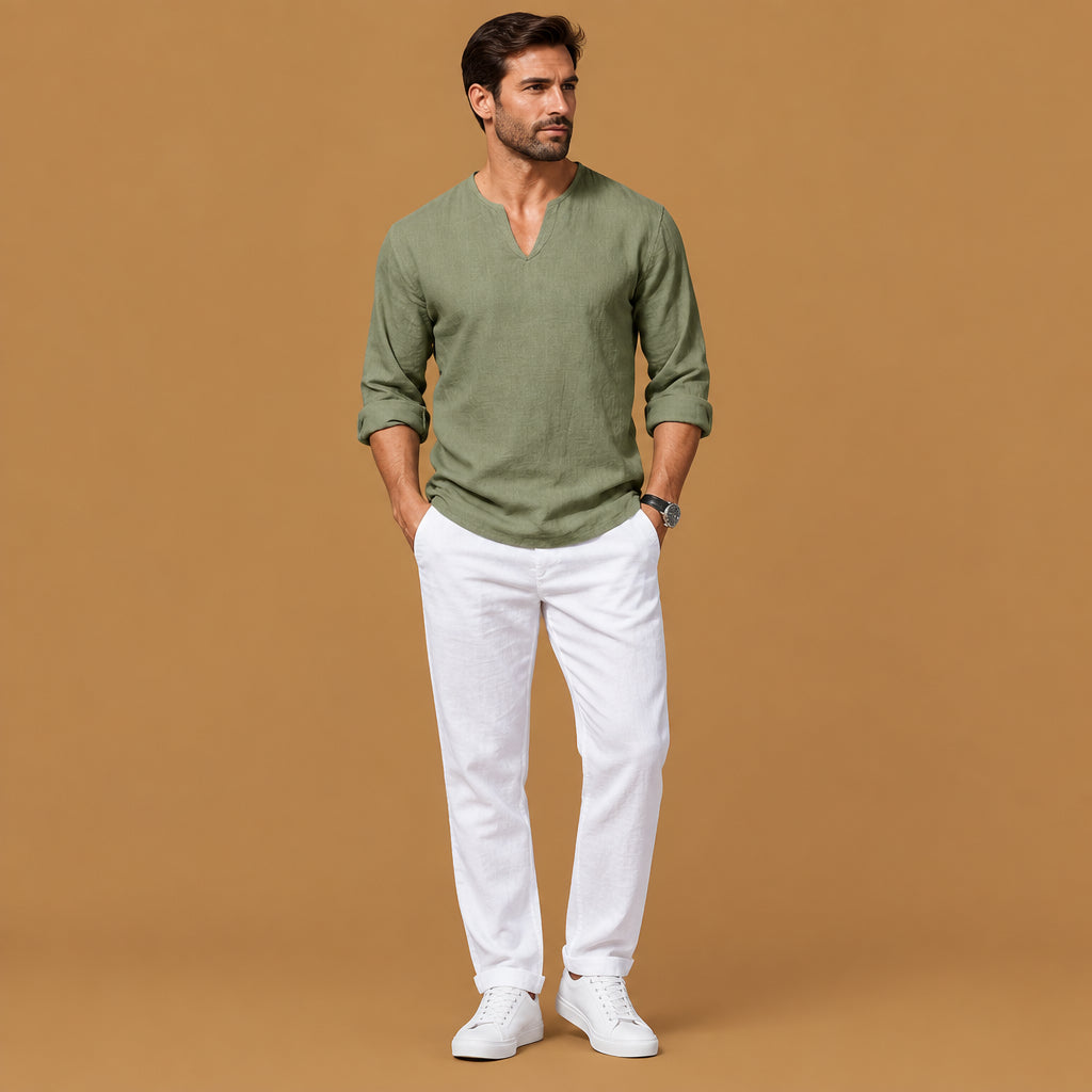 Chic mens v-neck plus-size long-sleeve t-shirt acting as a versatile wardrobe staple with a smooth finish and effortless casual elegance
