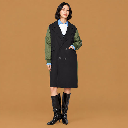 Stylish military bomber spliced long trench coat black green showcasing a comfortable weather-resistant fit with premium durable fabric and chic design details for modern outdoor activities