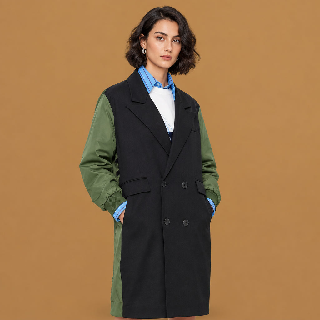 Trendy military bomber spliced long trench coat black green featuring a functional silhouette and breathable material ideal for effortless everyday styling and comfort