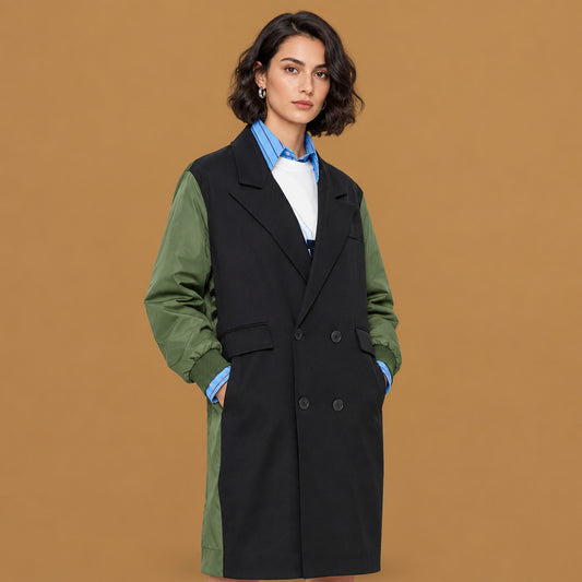 Trendy military bomber spliced long trench coat black green featuring a functional silhouette and breathable material ideal for effortless everyday styling and comfort